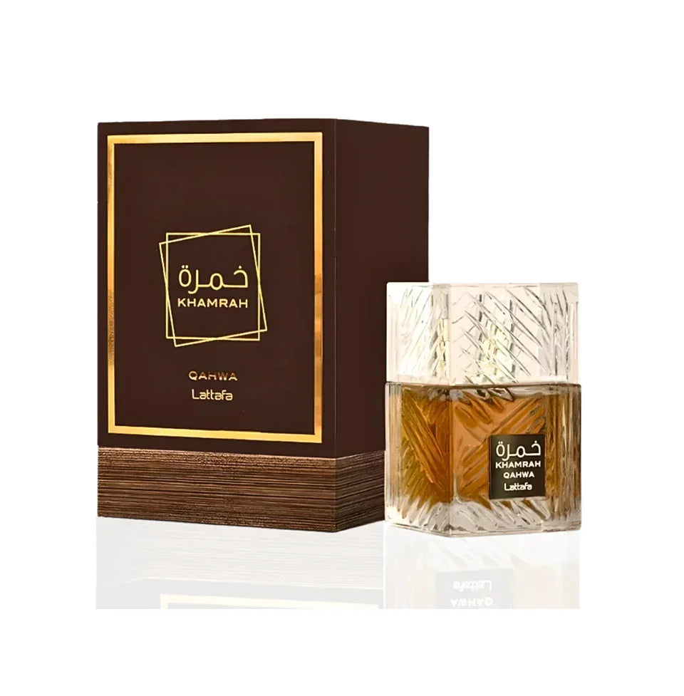 Khamrah Qahwa Lattafa luxury perfume bottle with decorative box on white background