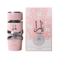 Lattafa Yara perfume bottle and box in pink, luxury fragrance for women