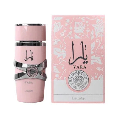 Lattafa Yara perfume bottle and box in pink, luxury fragrance for women