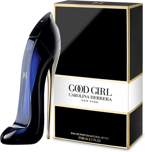 Good Girl perfume in stiletto-shaped blue bottle with black and gold box, 80ml