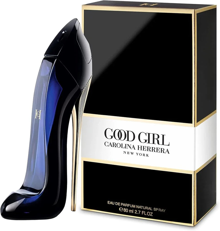 Good Girl perfume in stiletto-shaped blue bottle with black and gold box, 80ml