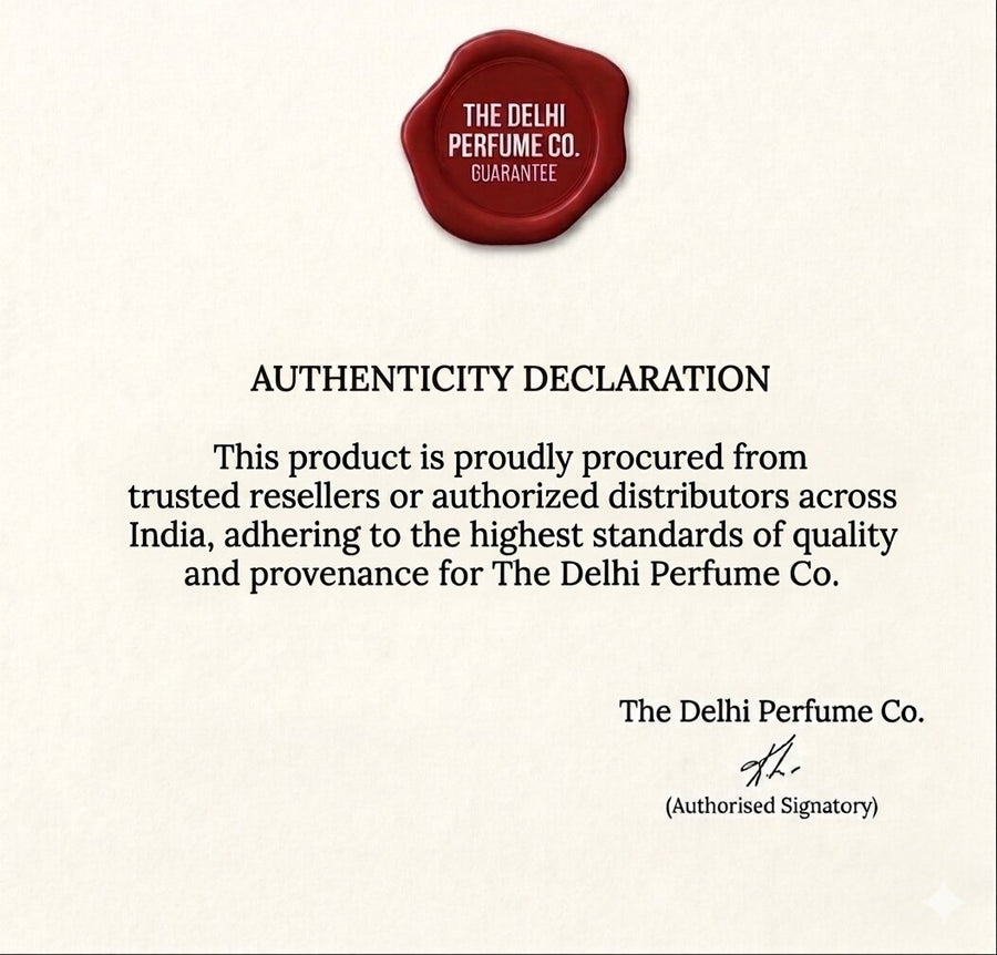 Certificate of authenticity with red wax seal for genuine luxury perfume product.