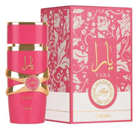 Pink Lattafa Yara perfume bottle with gold accents and matching floral design box
