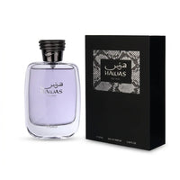 Hawas For Him perfume bottle with lavender liquid beside matching black box, 100ml eau de parfum