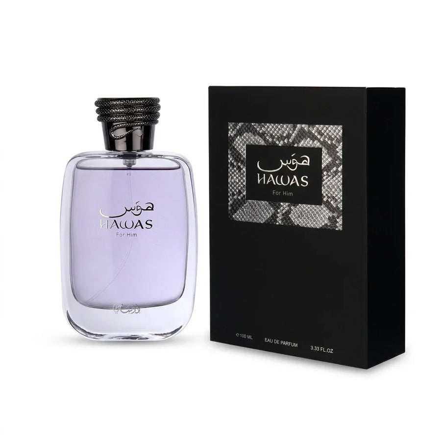 Hawas For Him perfume bottle with lavender liquid beside matching black box, 100ml eau de parfum
