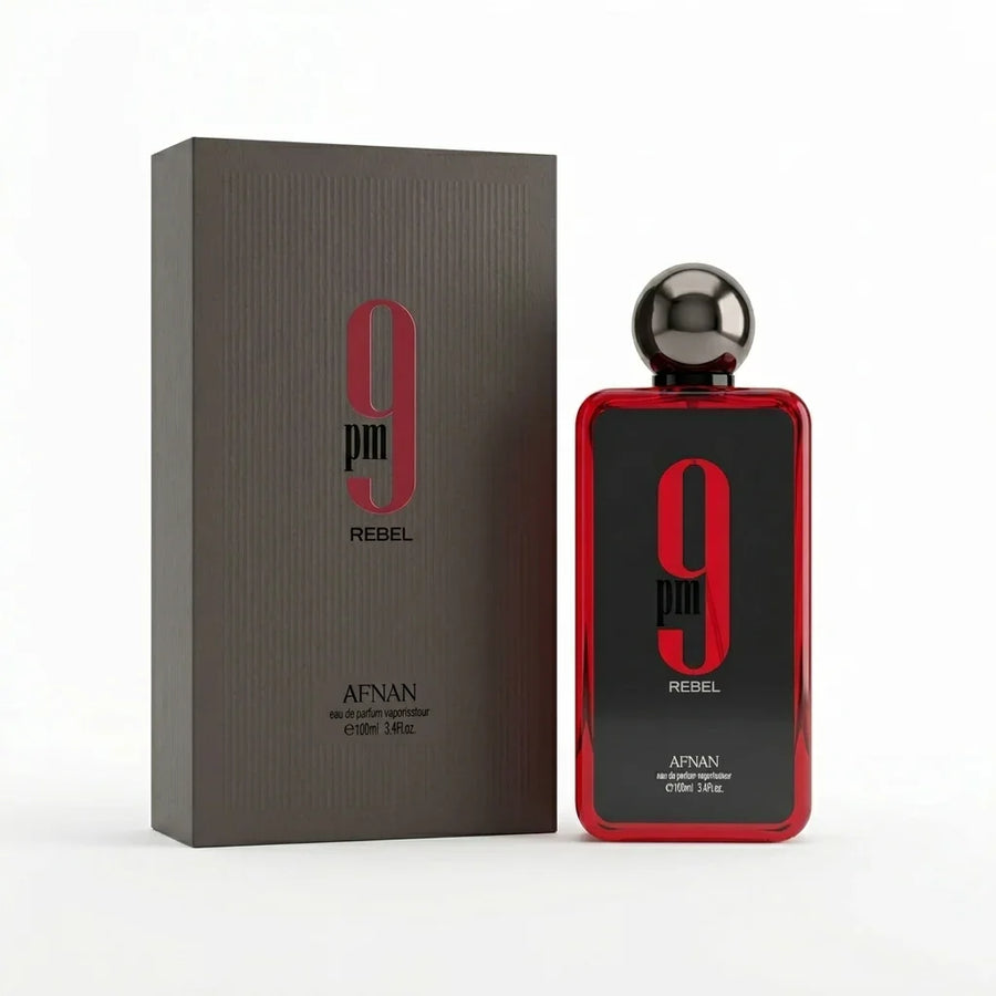 Afnan 9pm Rebel perfume bottle and box, black and red luxury fragrance for men and women.