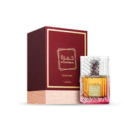Khamrah Dukhan Lattafa perfume bottle with matching burgundy box, luxury fragrance.