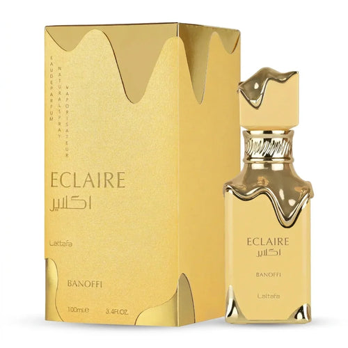 Gold Eclaire Banoffi perfume bottle and box by Lattafa, luxury fragrance 100ml