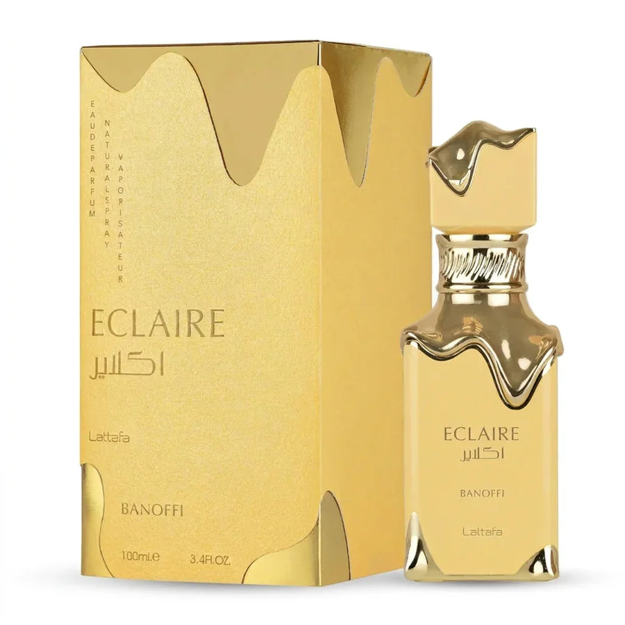Gold Eclaire Banoffi perfume bottle and box by Lattafa, luxury fragrance 100ml