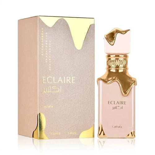 Eclaire perfume bottle with gold accents and matching gold-trimmed box, 100ml luxury fragrance.
