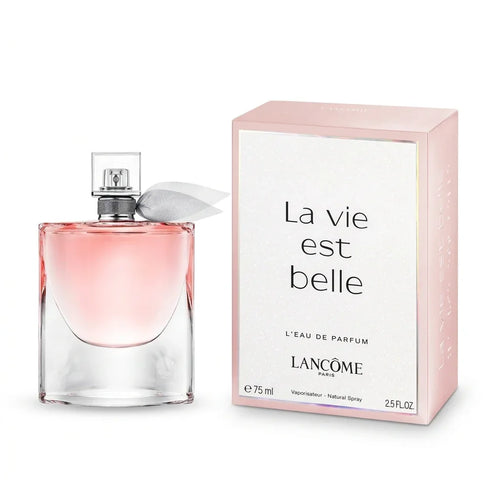 Luxury perfume bottle with pink liquid beside its matching box labeled 'La vie est belle'.