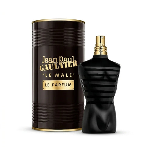 Jean Paul Gaultier Le Male Le Parfum black torso bottle with matching gold-accented can