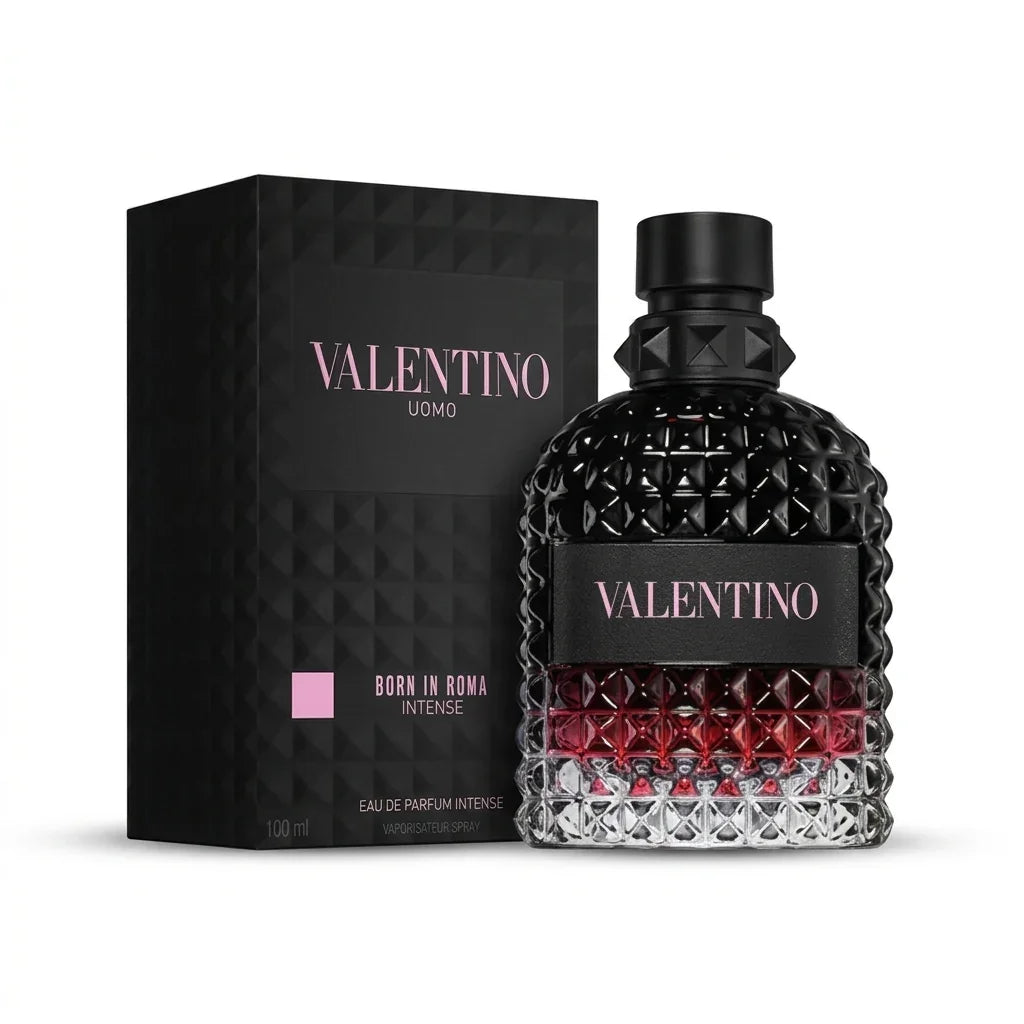 Valentino Uomo Born in Roma Intense eau de parfum bottle and packaging, luxury men's fragrance.
