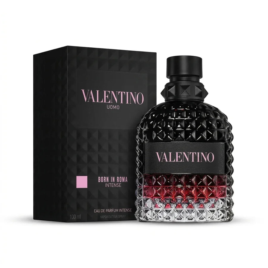Valentino Uomo Born in Roma Intense eau de parfum bottle and packaging, luxury men's fragrance.