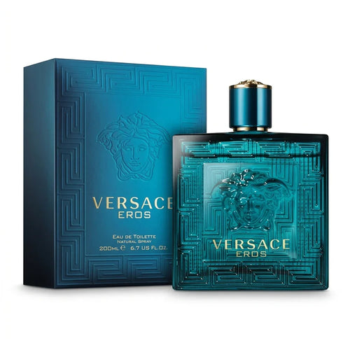 Versace Eros Eau de Toilette 200ml perfume bottle and packaging, blue luxury fragrance