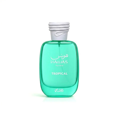 Hawas For Him Tropical perfume bottle with turquoise glass and white cap on white background
