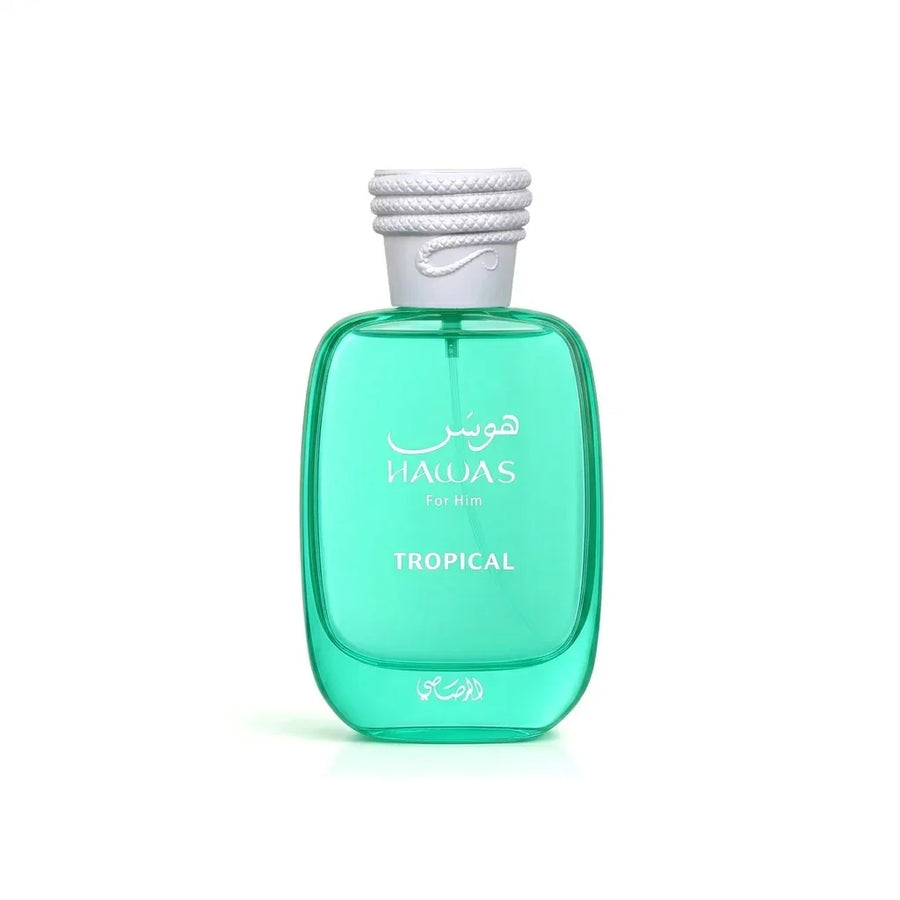 Hawas For Him Tropical perfume bottle with turquoise glass and white cap on white background