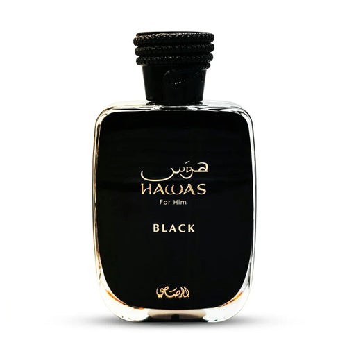 Hawas For Him Black perfume bottle with gold lettering on black glass
