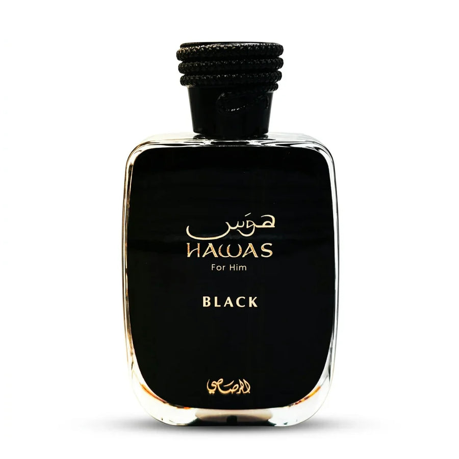 Hawas For Him Black perfume bottle with gold lettering on black glass