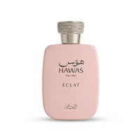 Hawas For Her Éclat perfume bottle with textured silver cap on white background