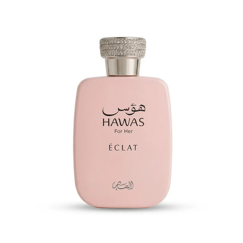 Hawas For Her Éclat perfume bottle with textured silver cap on white background