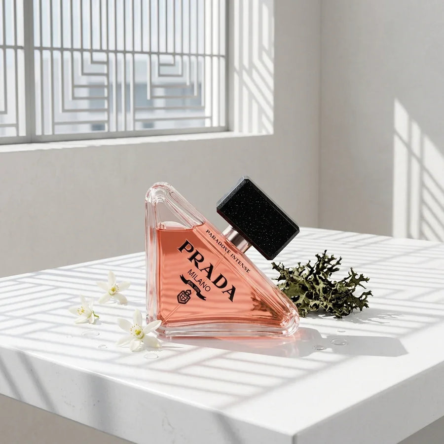 Prada Paradoxe Intense perfume bottle with flowers on a white surface in natural light
