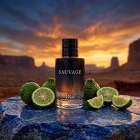 Sauvage perfume bottle with bergamot lime on a blue stone, sunset desert background