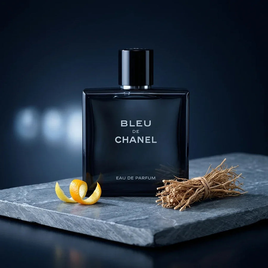 Luxury men's perfume bottle on stone slab with orange peel and vetiver roots
