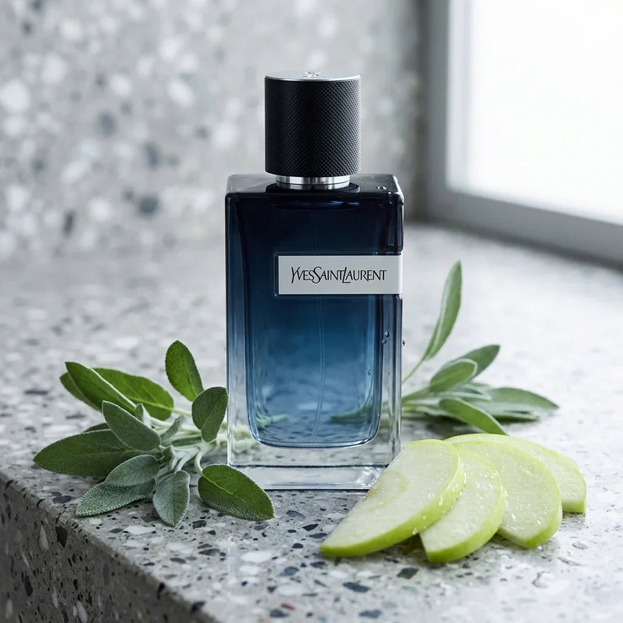 Blue glass perfume bottle with black cap on speckled surface, surrounded by green apple slices and sage leaves
