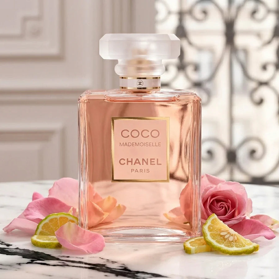 Coco Mademoiselle Chanel perfume bottle with pink rose petals and citrus slices on marble