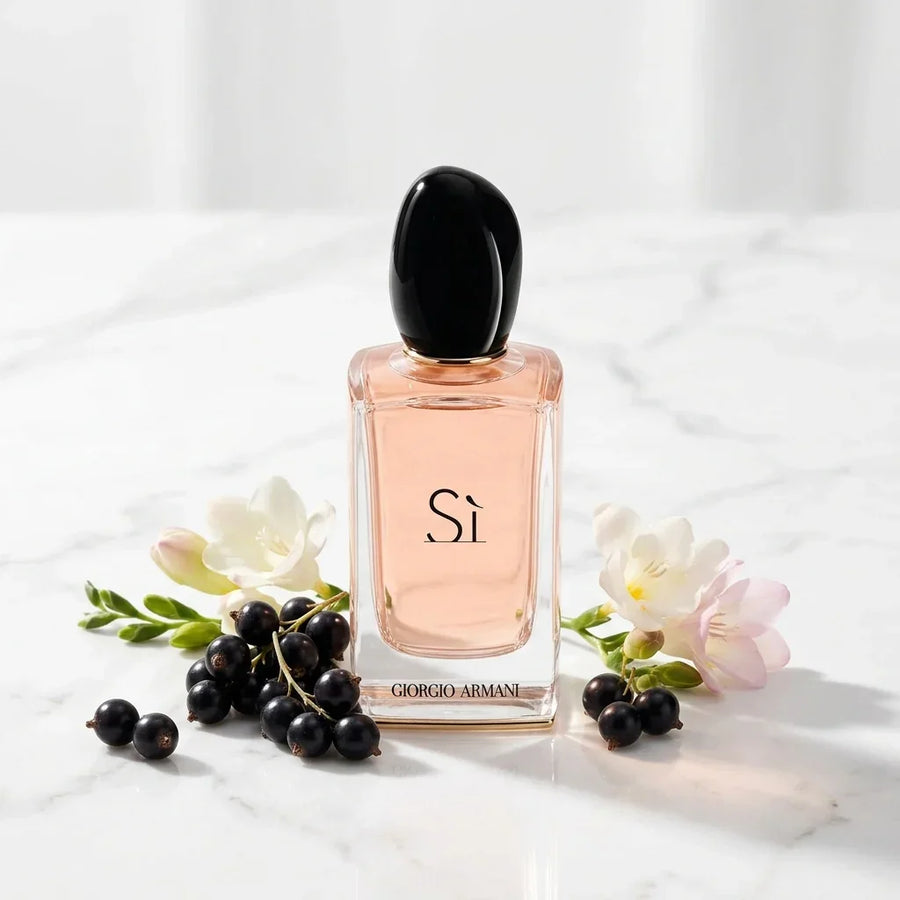 Giorgio Armani Si perfume bottle with blackcurrants and white flowers on marble surface