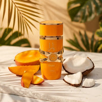 Yara Lattafa perfume bottle with fresh mango and coconut, tropical luxury fragrance