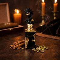 Luxury His Confession perfume bottle with black and gold bust, cardamom and cinnamon accents