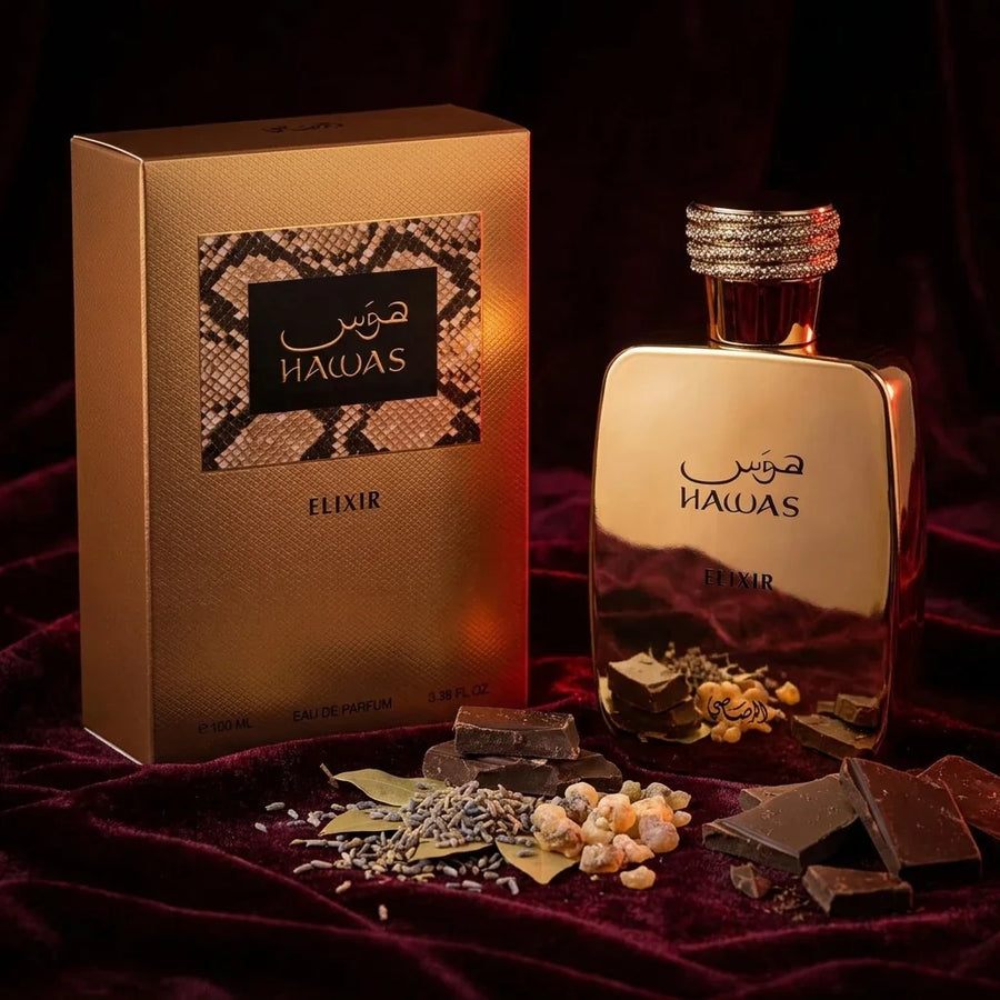 Hawas Elixir perfume bottle and box with chocolate, lavender, and resin on burgundy velvet