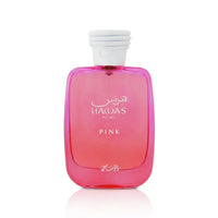 Pink Hawas for Her perfume bottle with white cap on white background