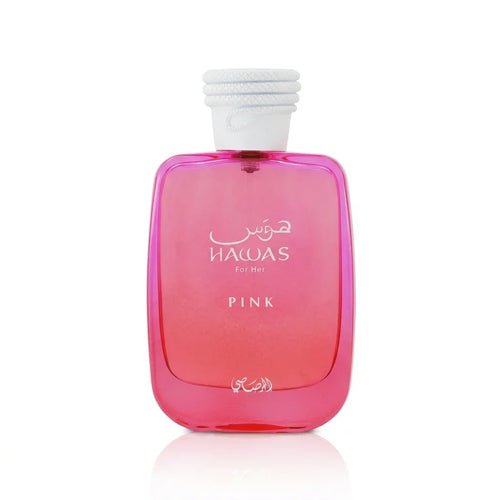 Pink Hawas for Her perfume bottle with white cap on white background