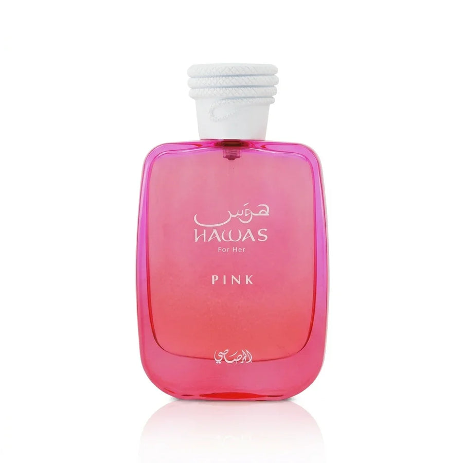 Pink Hawas for Her perfume bottle with white cap on white background