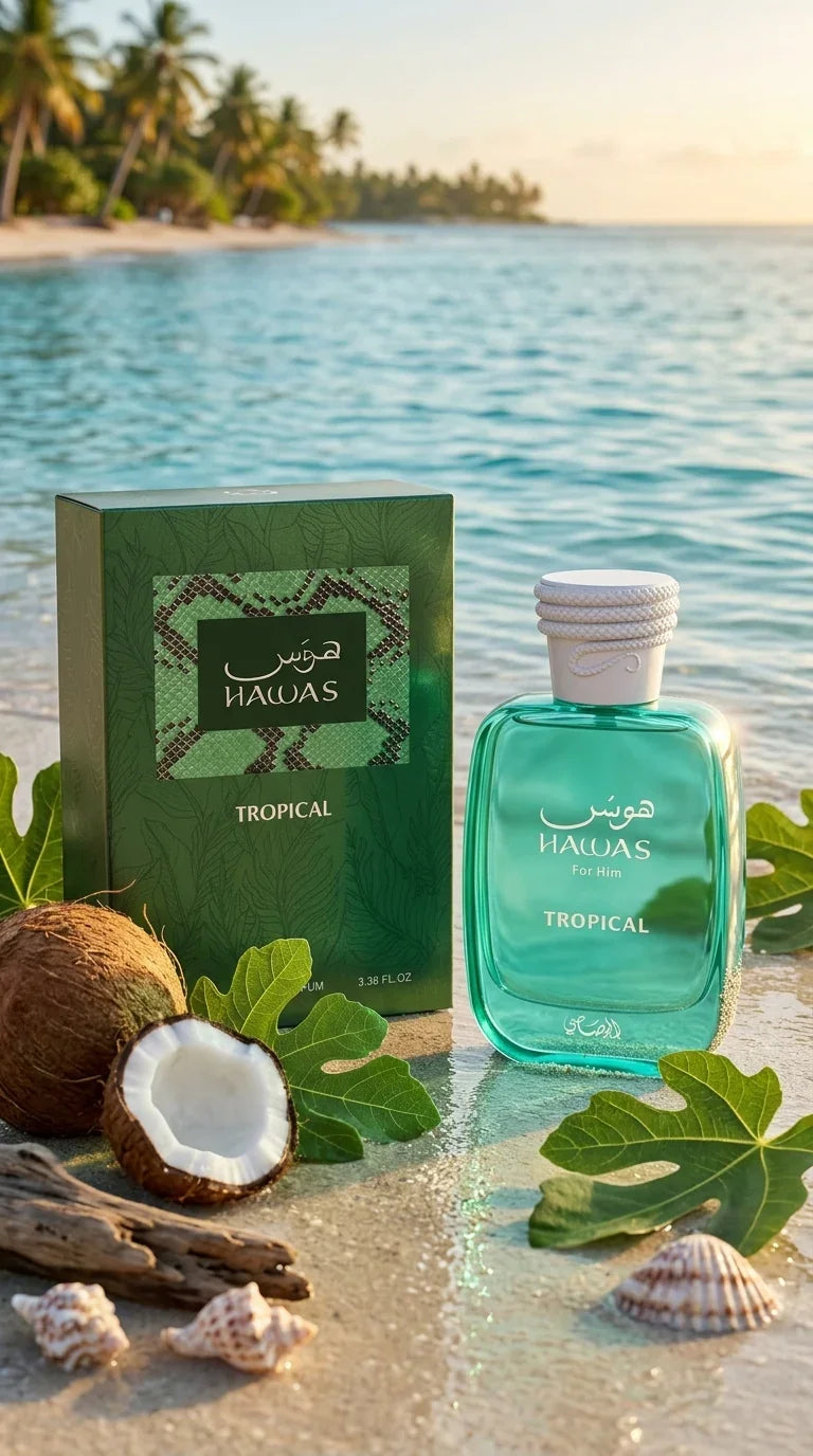 Hawas Tropical perfume for men bottle and box on beach with coconut, leaves, and seashells