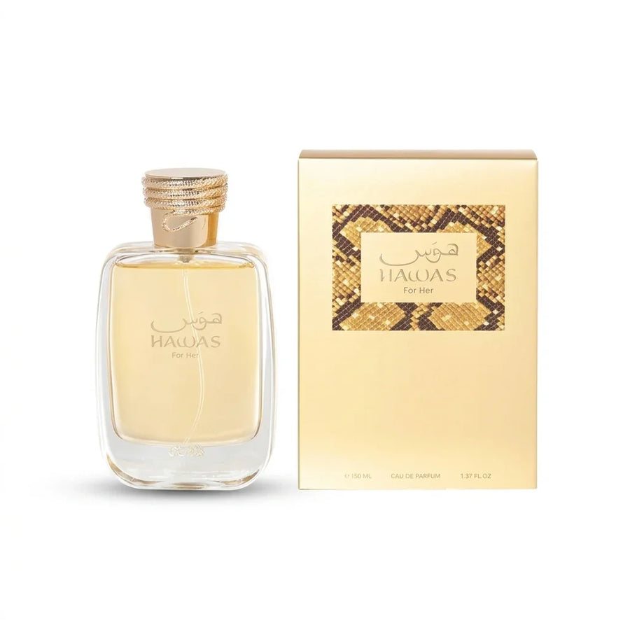 Hawas For Her perfume bottle with matching gold and snake-print box, 150ml Eau de Parfum
